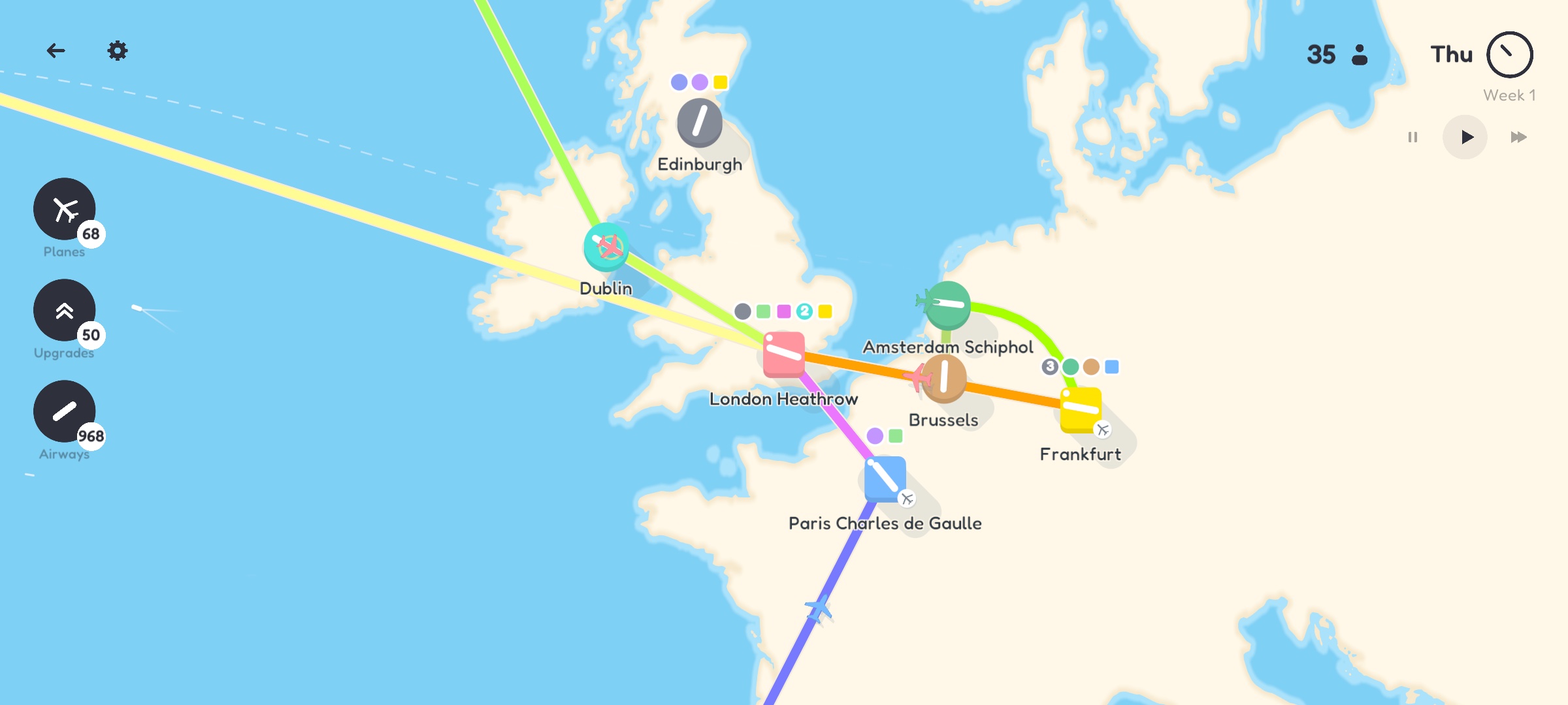 Close-up of routes between London, Dublin, Paris, Brussels, Amsterdam and Frankfurt